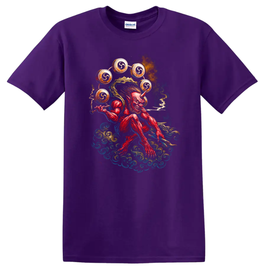 Japanese Oni Demon Drummer T Shirt Watercolor Samurai Style - Purple