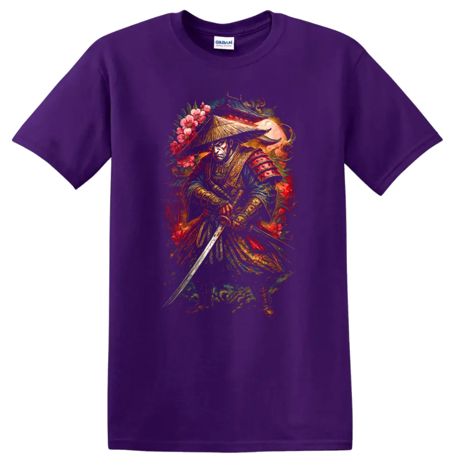 Japanese Samurai Warrior T Shirt with Floral Armor and Katana - Purple