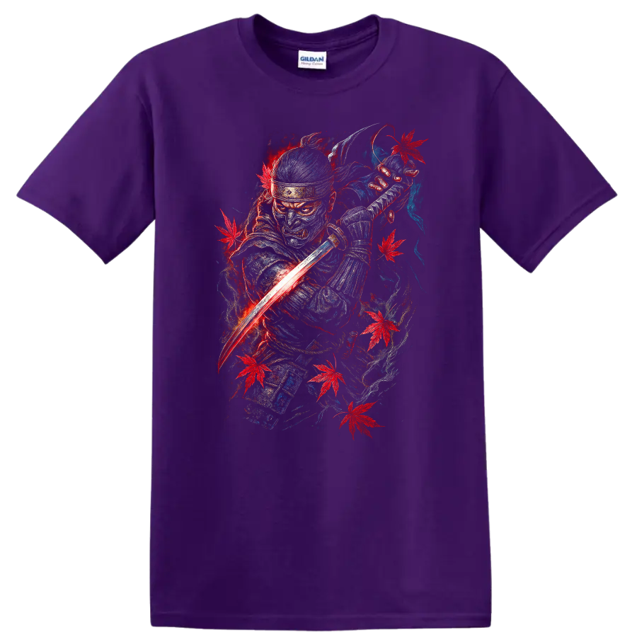 Japanese Samurai Warrior T Shirt Red Blue Maple Leaf Katana Art - Purple