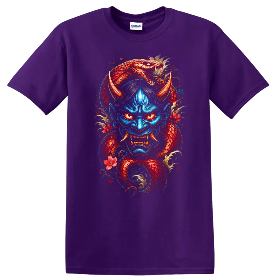 Japanese Demon Dragon Mask Art T Shirt Vintage Samurai Style - Purple