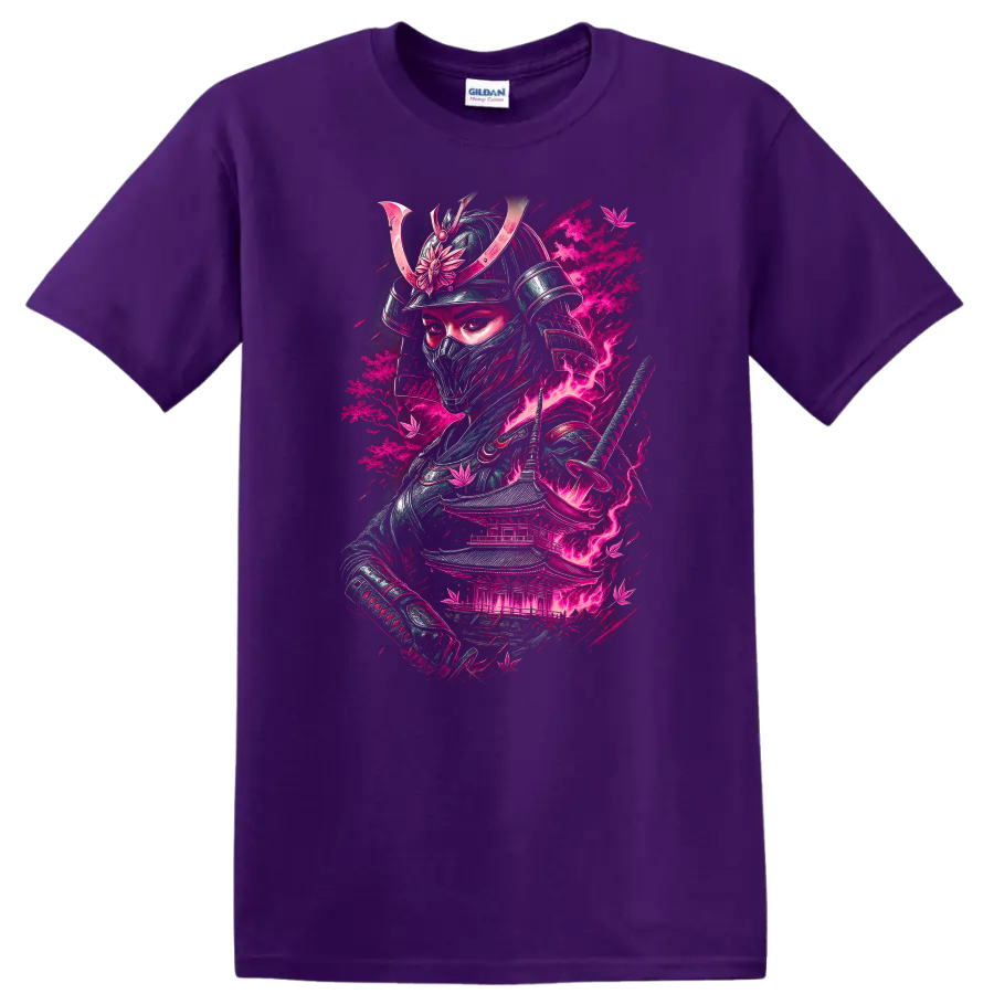 Japanese Samurai Warrior Neon Pink Graphic T Shirt for Bold Streetwear - Purple