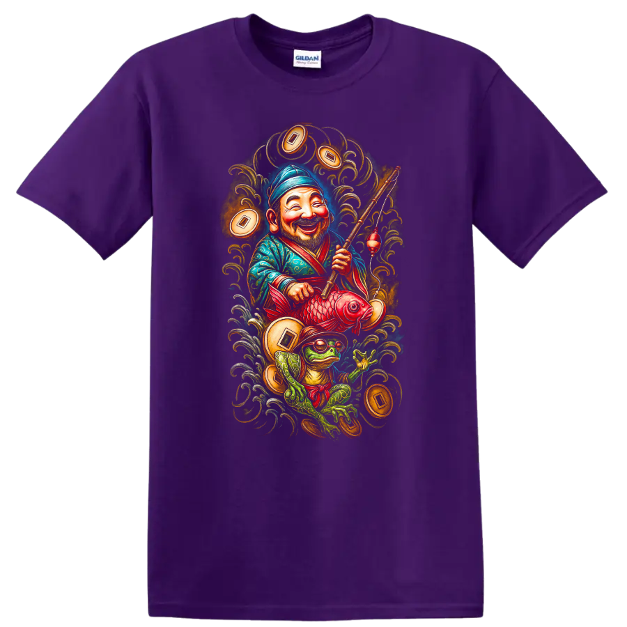 Japanese Style Fisherman and Frog T Shirt with Lucky Koi Art - Purple