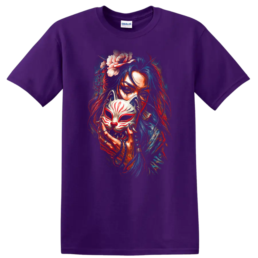 Japanese Style Woman Fox Mask Floral Art T Shirt Colorful Mystic Design - Purple