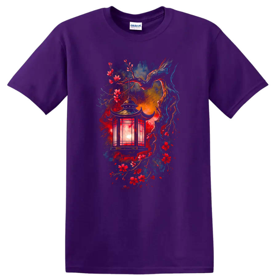Japanese Style Lantern and Cherry Blossoms Watercolor T Shirt - Purple