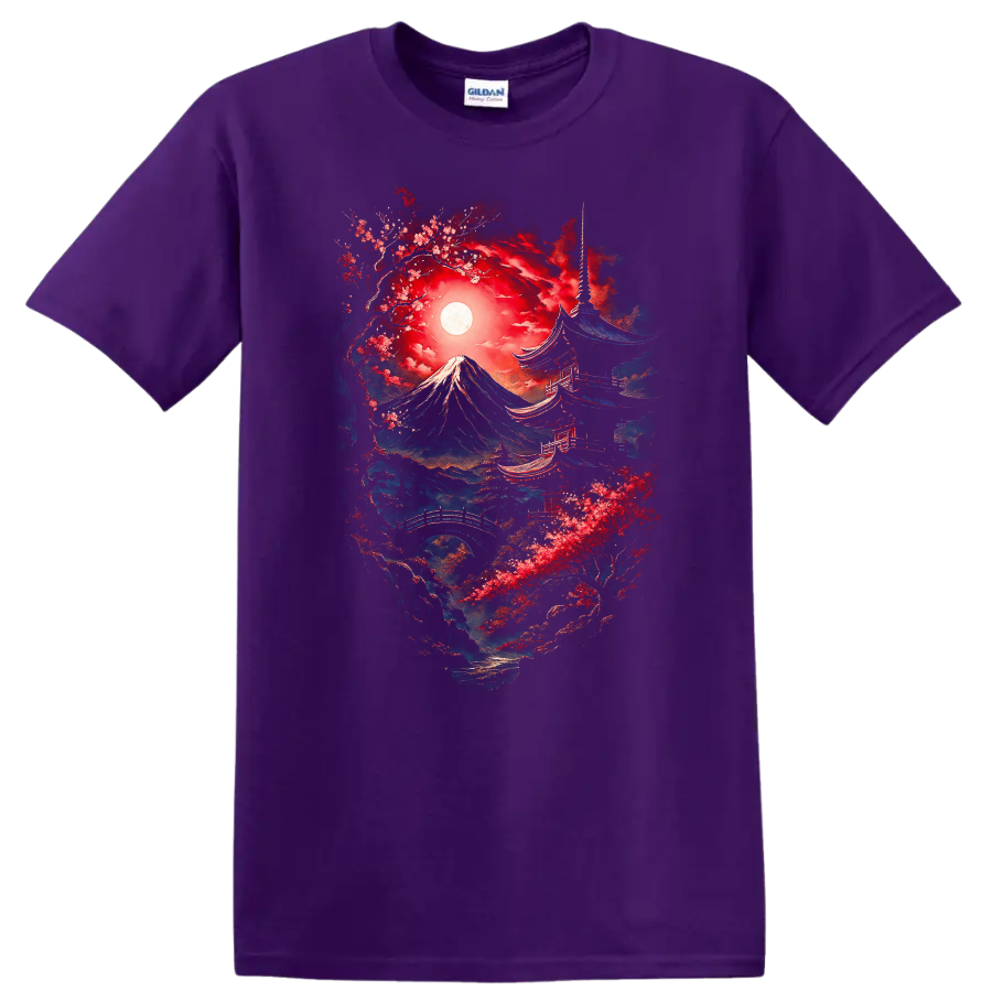 Japanese Style Mount Fuji and Pagoda Art T Shirt for Nature Lovers - Purple