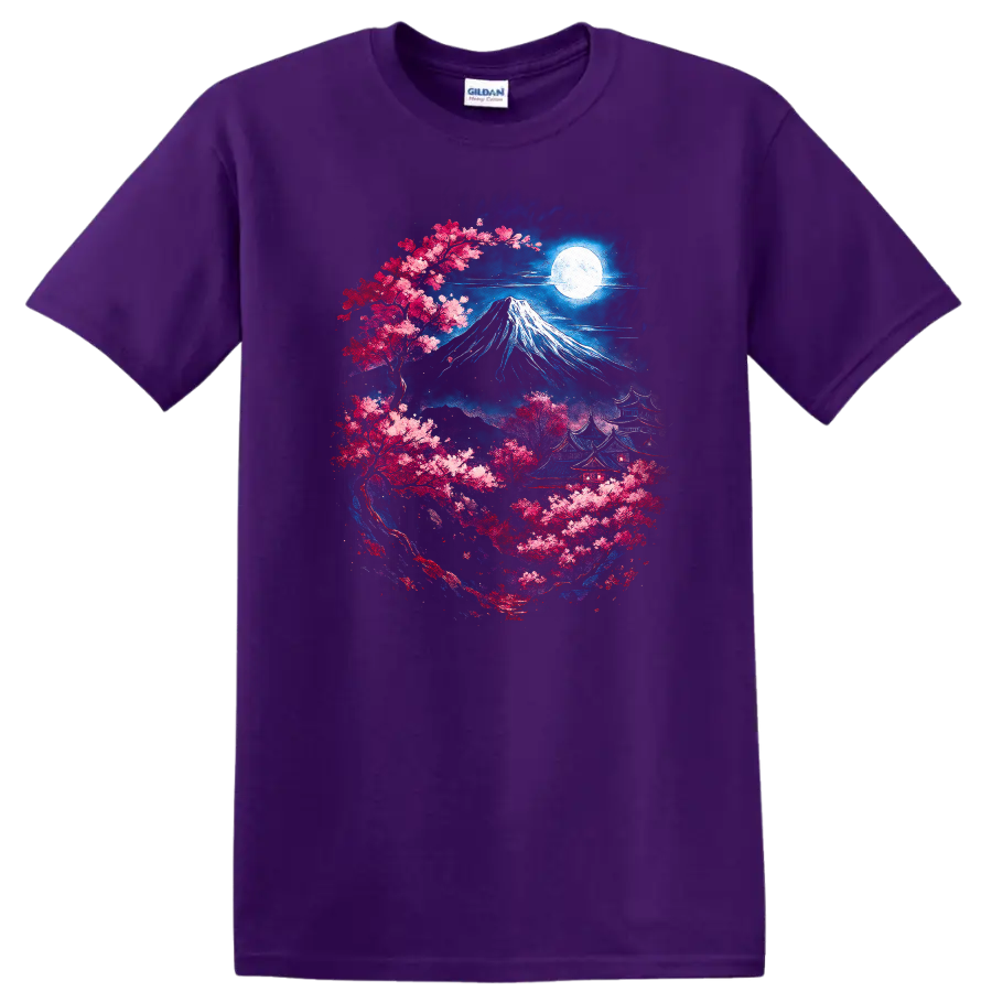 Japanese Style Mount Fuji Sakura Moon Night T Shirt - Purple