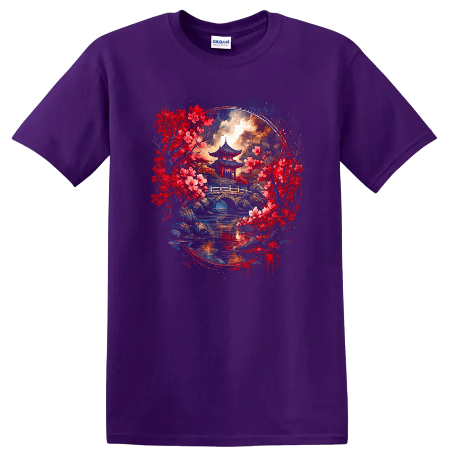 Japanese Pagoda Cherry Blossom Landscape T Shirt for Zen Art Lovers - Purple