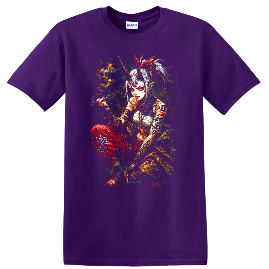 Japanese Oni Demon Girl Samurai Art T Shirt for Anime Style Fans - Purple