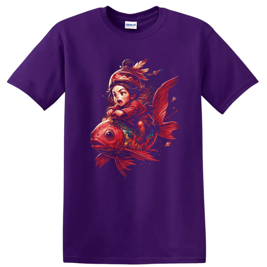 Japanese Style Koi Fish Rider Fantasy Art T Shirt - Purple