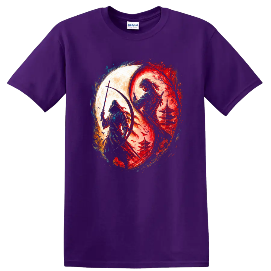 Japanese Samurai Yin Yang Warrior Art T Shirt for Zen Street Style - Purple