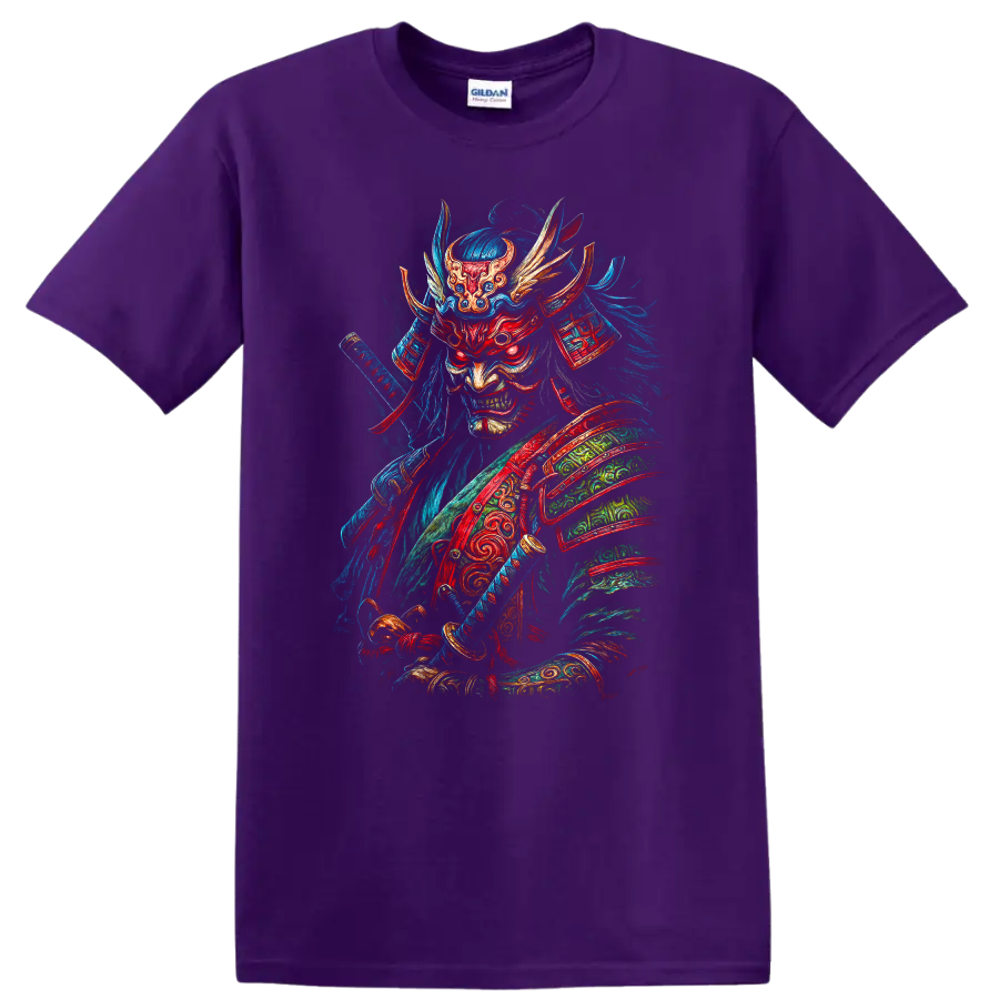 Japanese Samurai Demon Mask T Shirt Fierce Neon Warrior Art - Purple