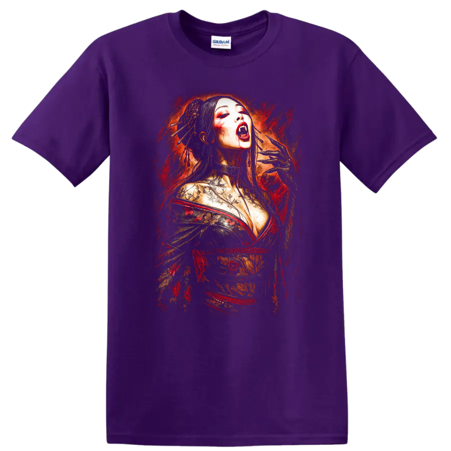 Japanese Geisha Vampire Art T Shirt Floral Horror Style - Purple