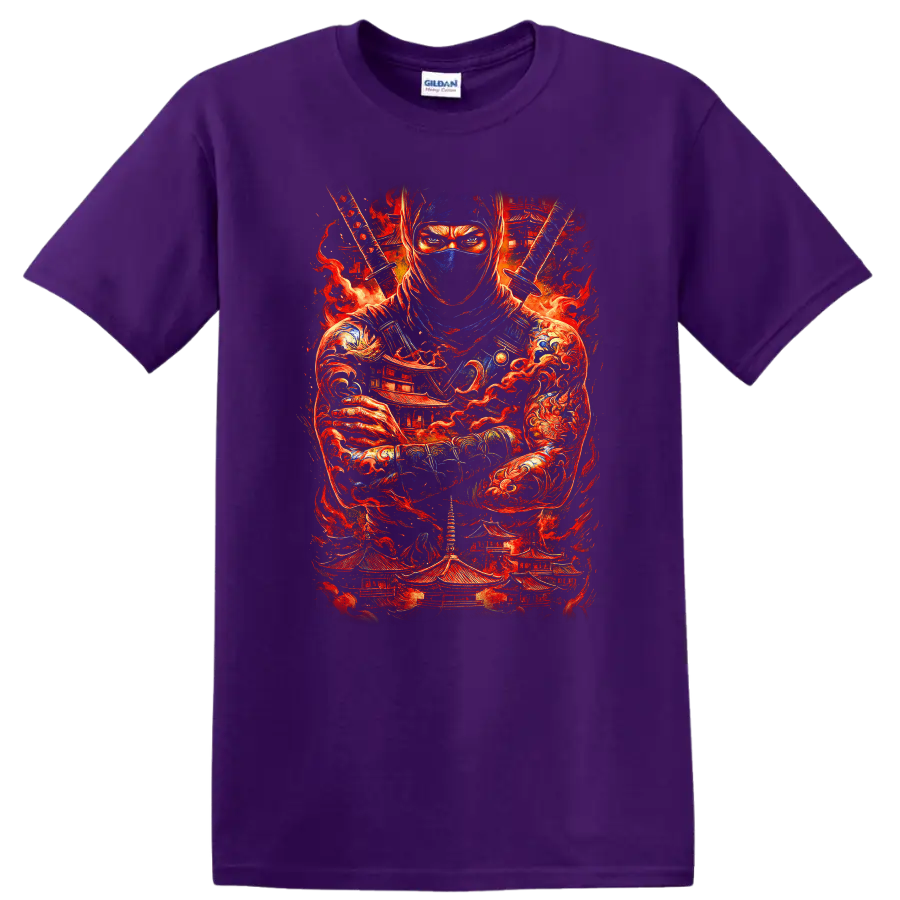 Japanese Ninja Samurai Warrior Fire Art T Shirt for Martial Arts Fans - Purple