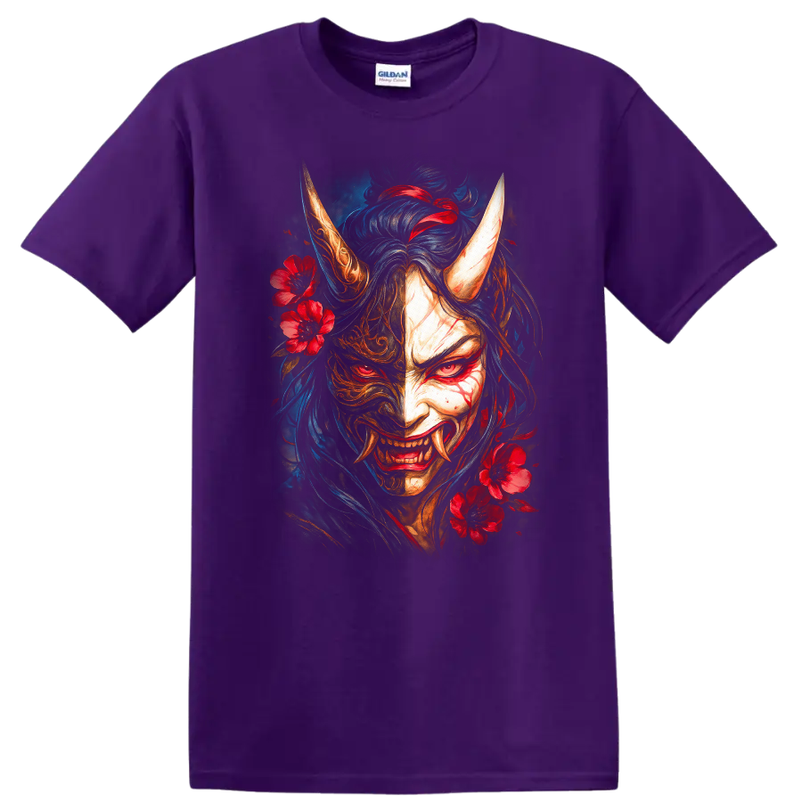 Japanese Oni Demon Mask Floral T Shirt for Fans of Dark Samurai Art - Purple