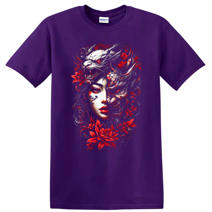 Japanese Style Oni Mask Floral Dragon T Shirt Red White Artwork - Purple