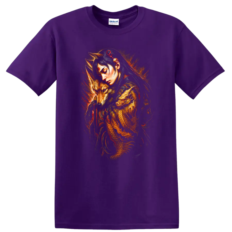 Japanese Style Fox Spirit Dragon T Shirt Mystical Warrior Art - Purple