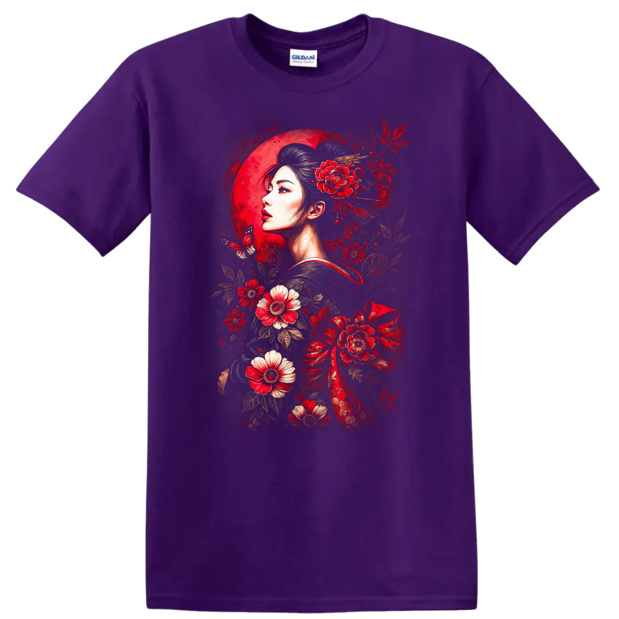 Japanese Style Geisha Floral Moon Art T Shirt for Women - Purple