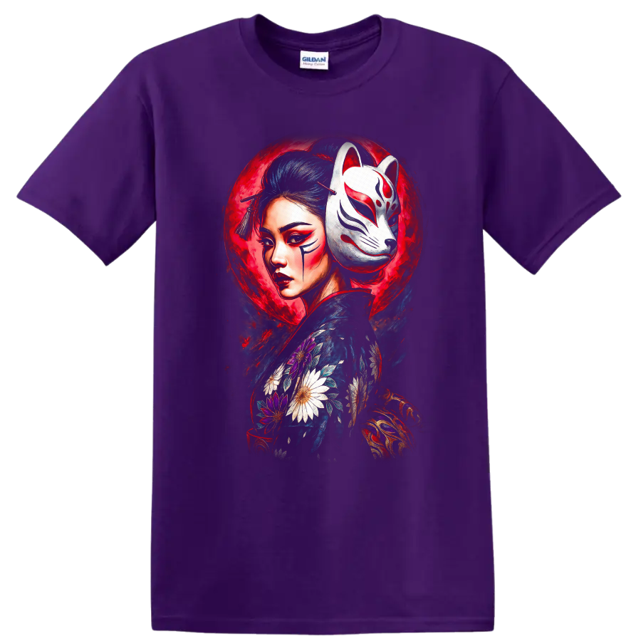 Japanese Style Geisha Fox Mask Floral Art T Shirt - Purple