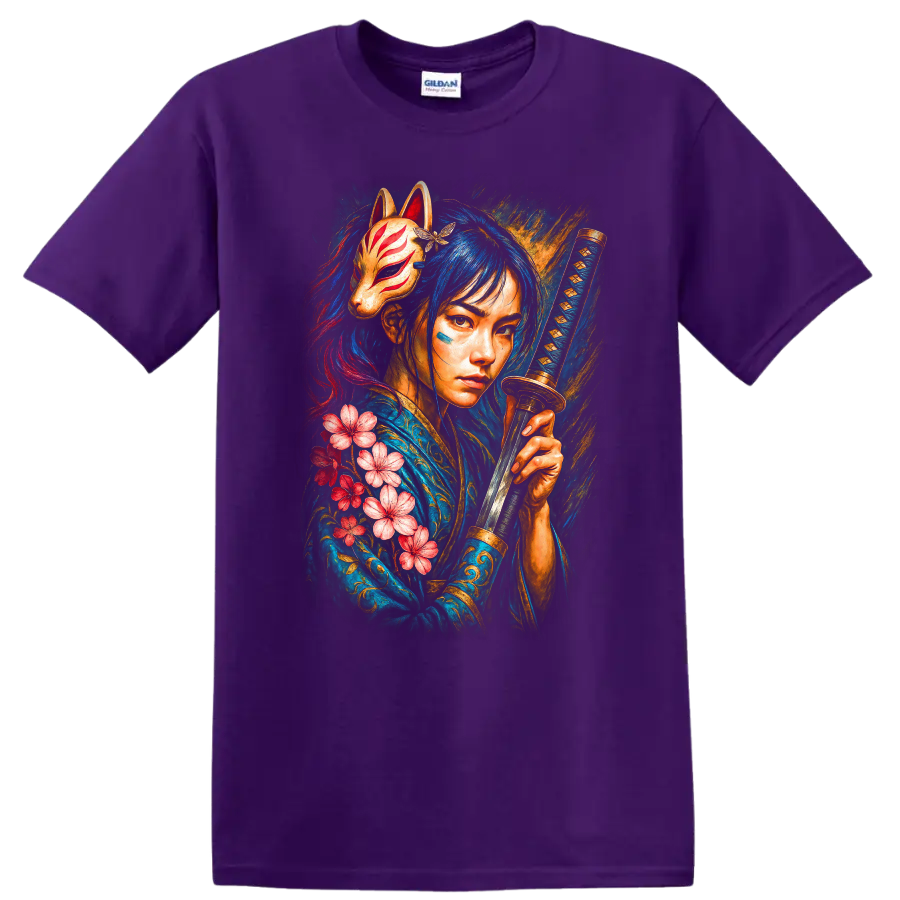 Japanese Style Samurai Girl with Fox Mask and Katana T Shirt - Purple