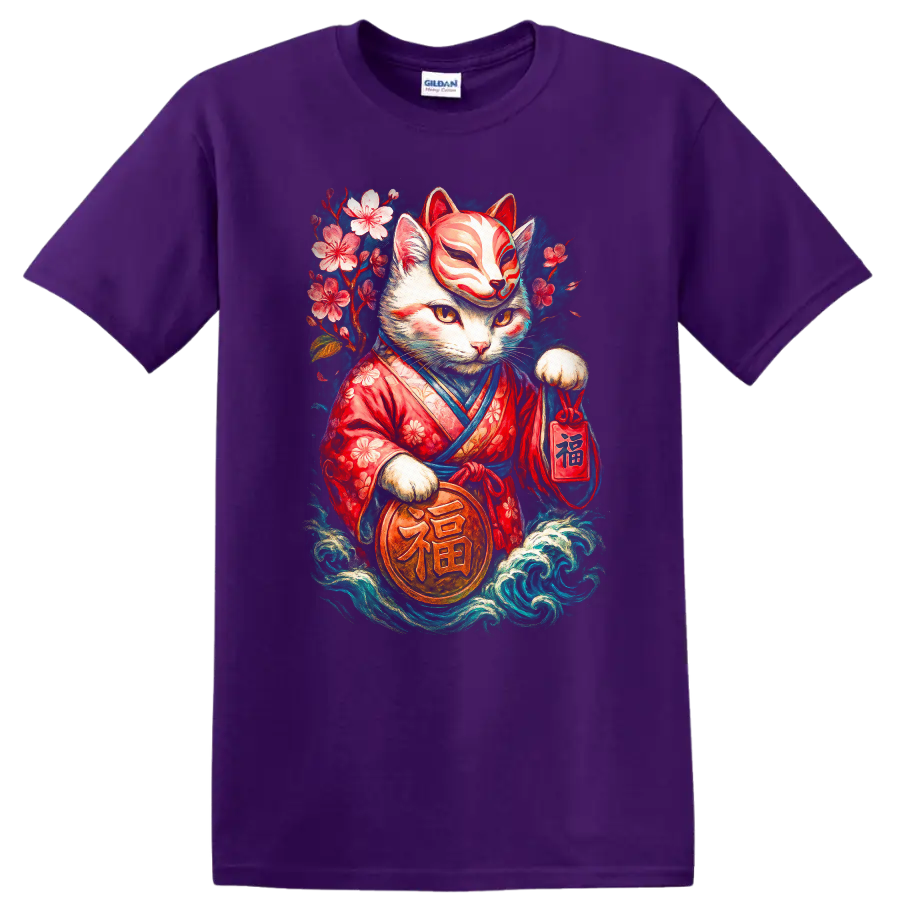 Japanese Maneki Neko Cat T Shirt with Floral Kimono Lucky Charm Art - Purple