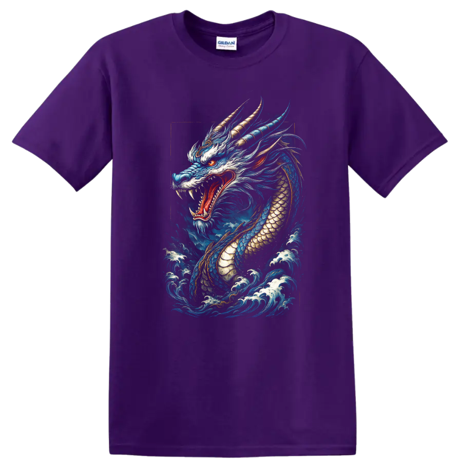 Japanese Style Blue Dragon T Shirt Fierce Mythical Wave Art - Purple