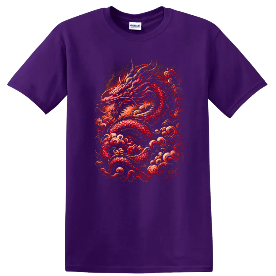 Japanese Red Dragon Fire Art T Shirt for Bold Streetwear Style - Purple