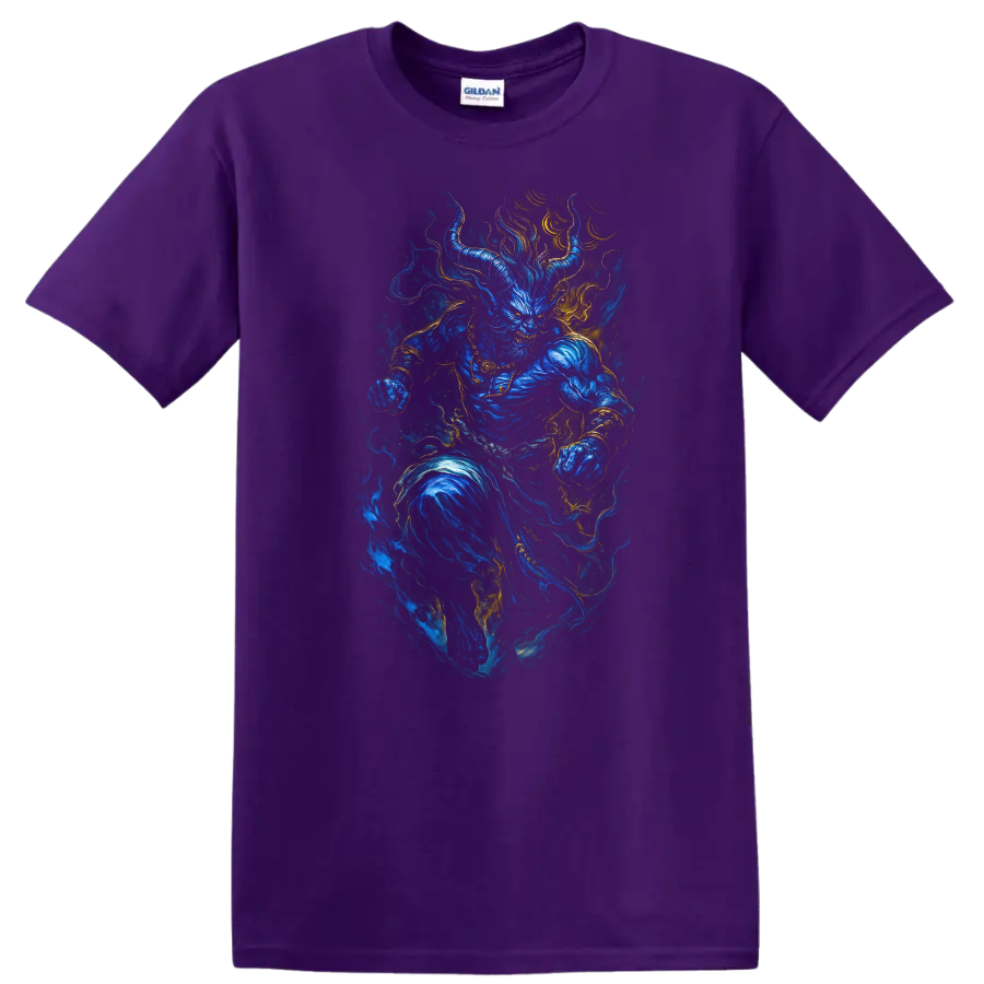 Japanese Style Blue Oni Demon Warrior T Shirt Mystical Flame Art - Purple