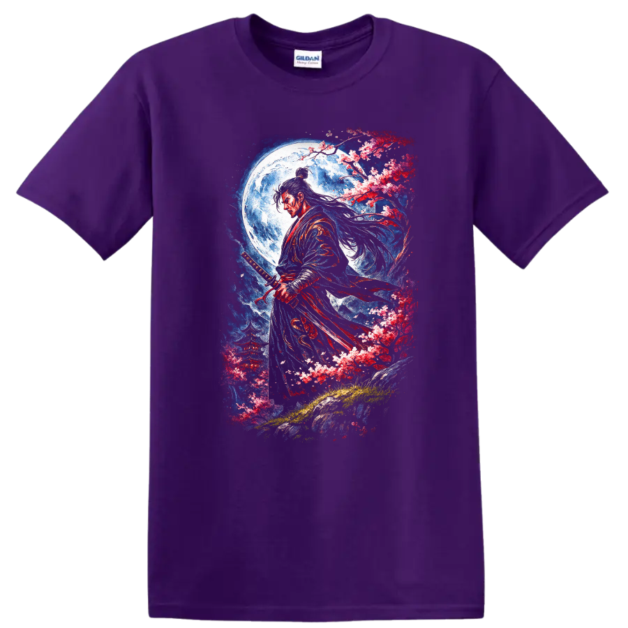Japanese Samurai Moon Blossom Warrior T Shirt, Elegant Sword Art - Purple
