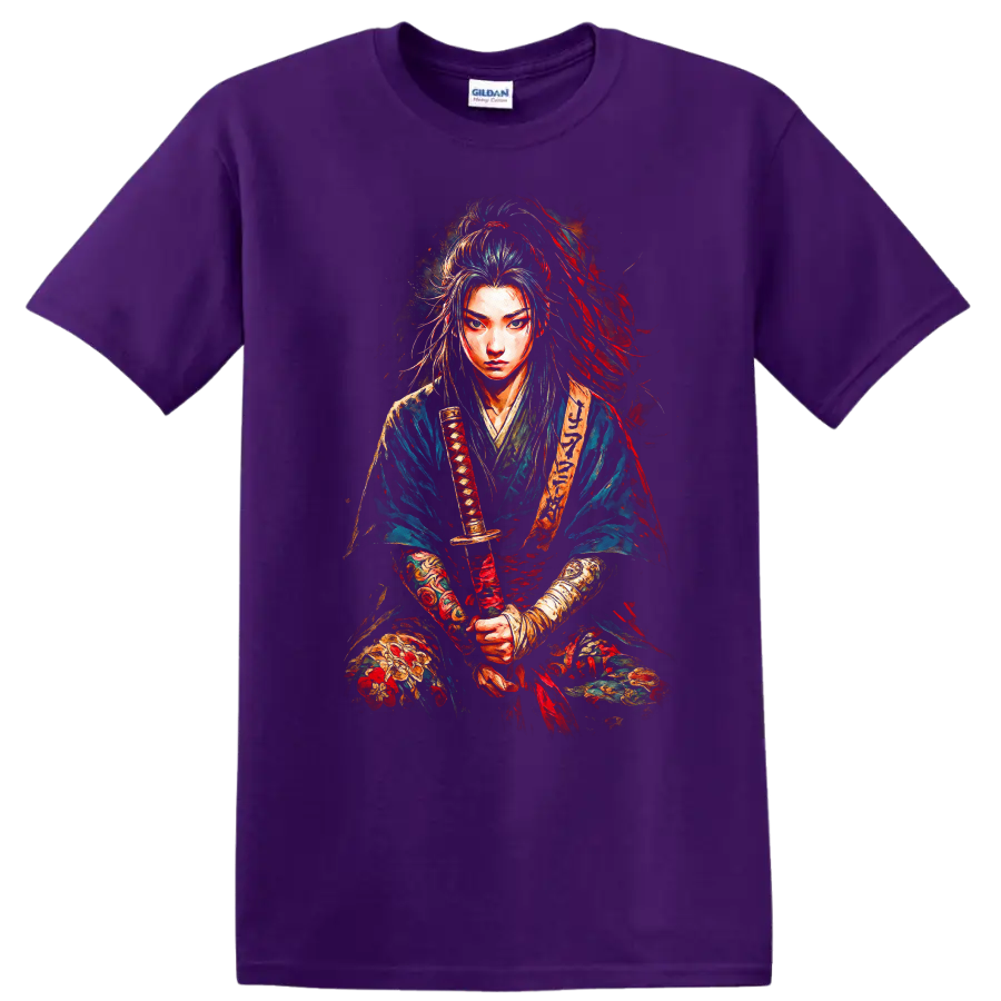 Japanese Samurai Warrior Portrait T Shirt Colorful Brushstroke Art - Purple