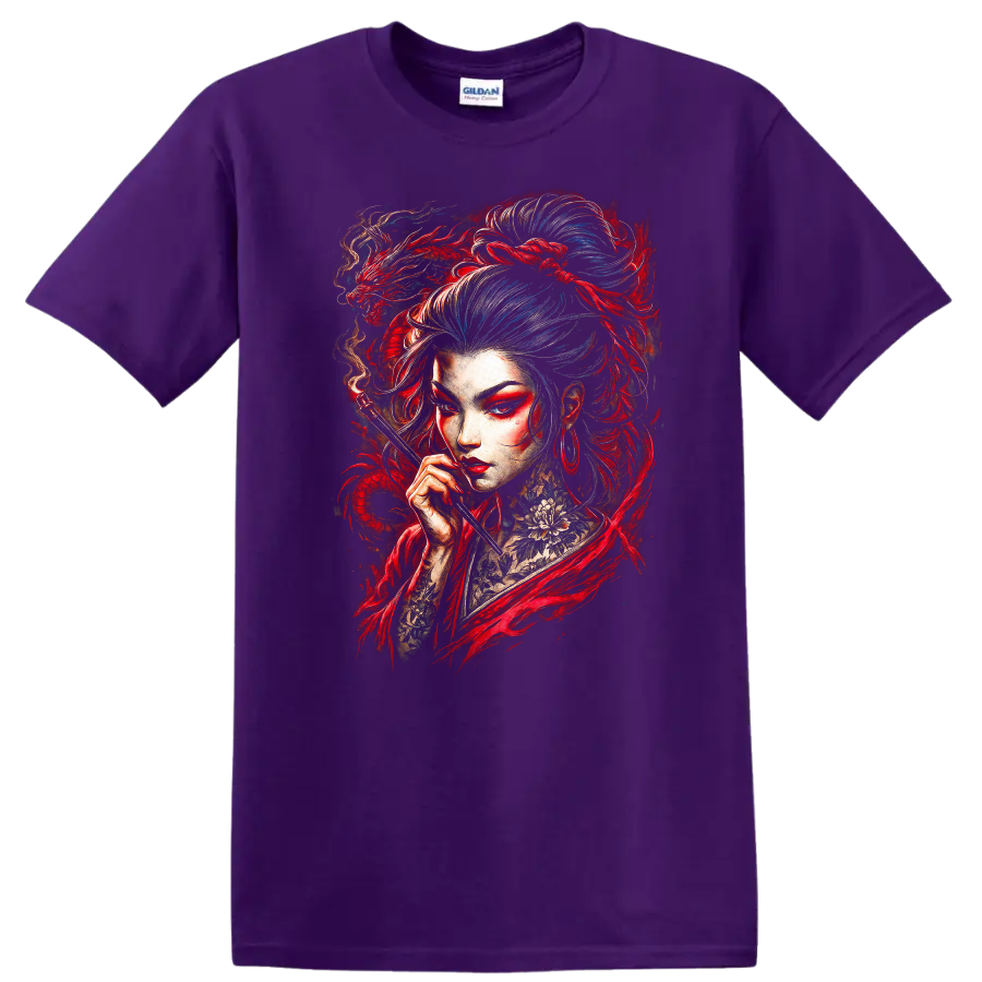 Japanese Style Geisha Dragon Art T Shirt Vibrant Red and Blue Portrait - Purple