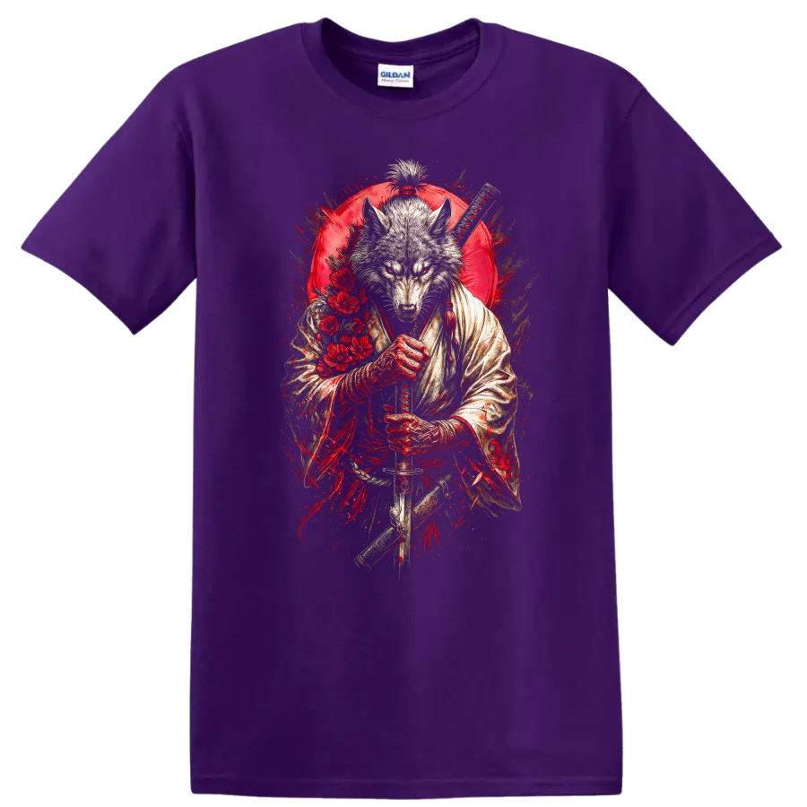 Japanese Wolf Samurai Sword Art Graphic T Shirt - Purple