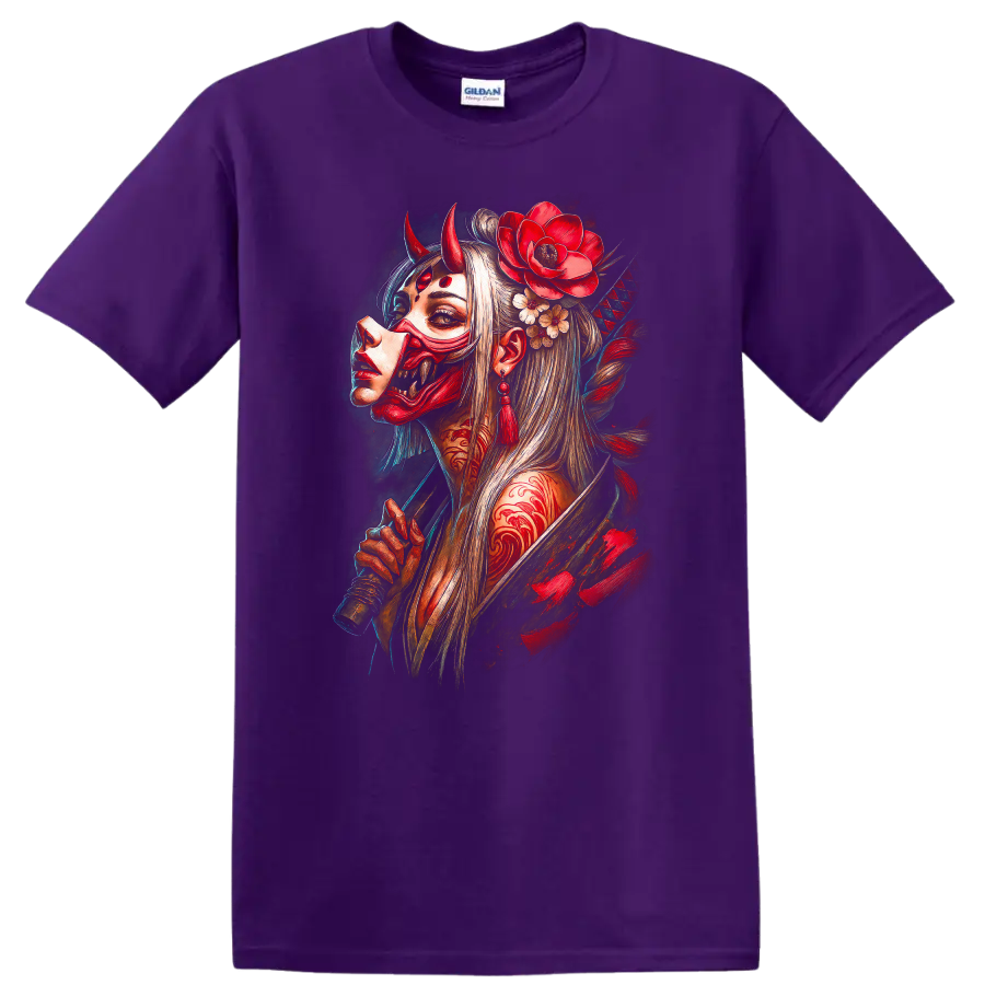 Japanese Oni Mask Woman Art T Shirt Red Demon Floral Samurai Style - Purple