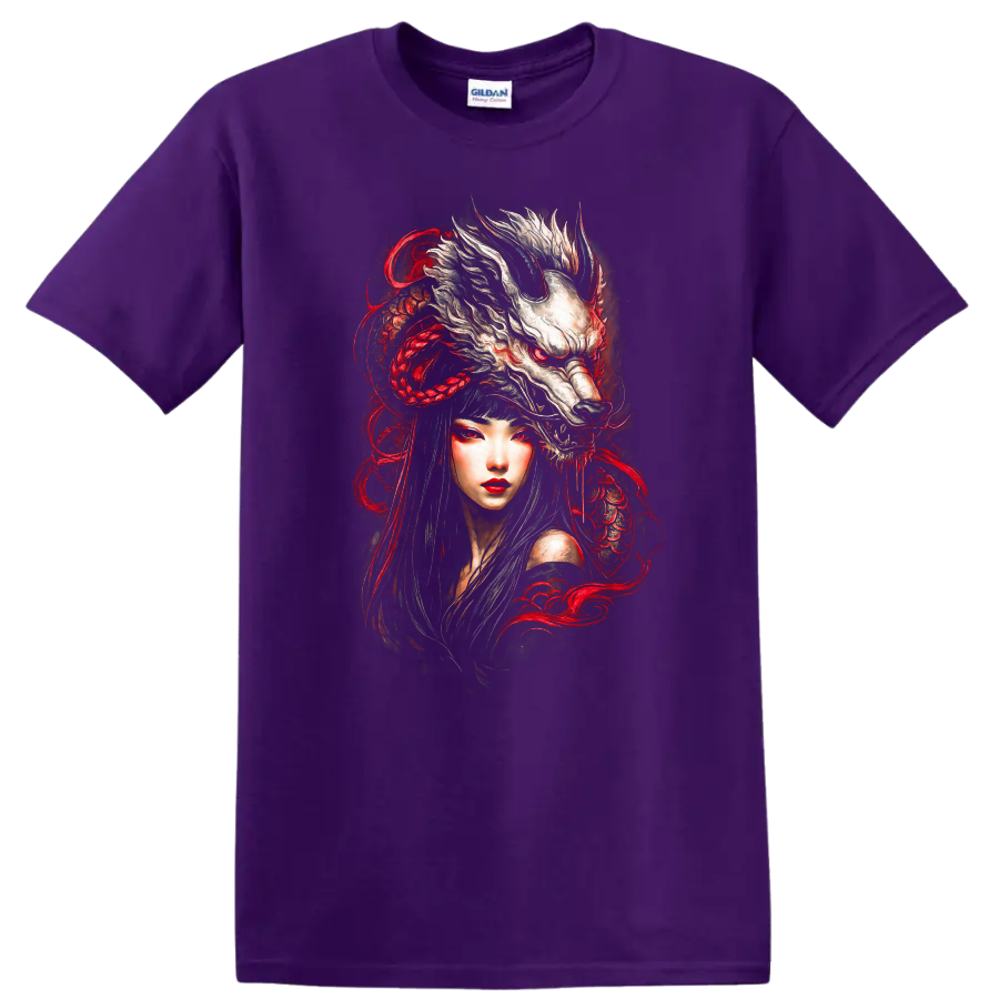 Japanese Style Oni Wolf Woman T Shirt Red Black Fantasy Art - Purple