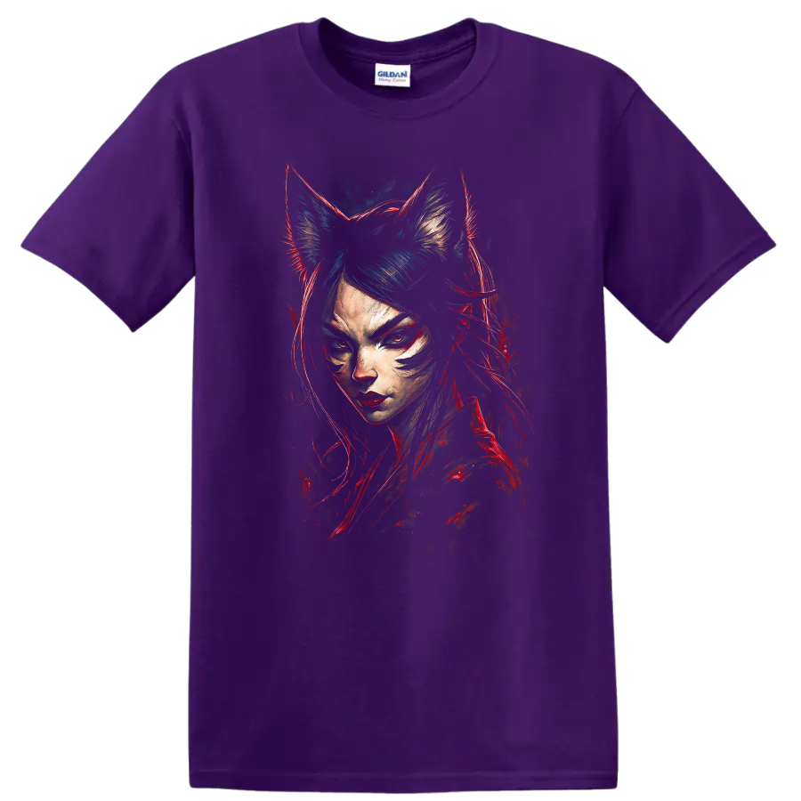 Japanese Style Cat Girl Portrait Neon Red Blue T Shirt - Purple