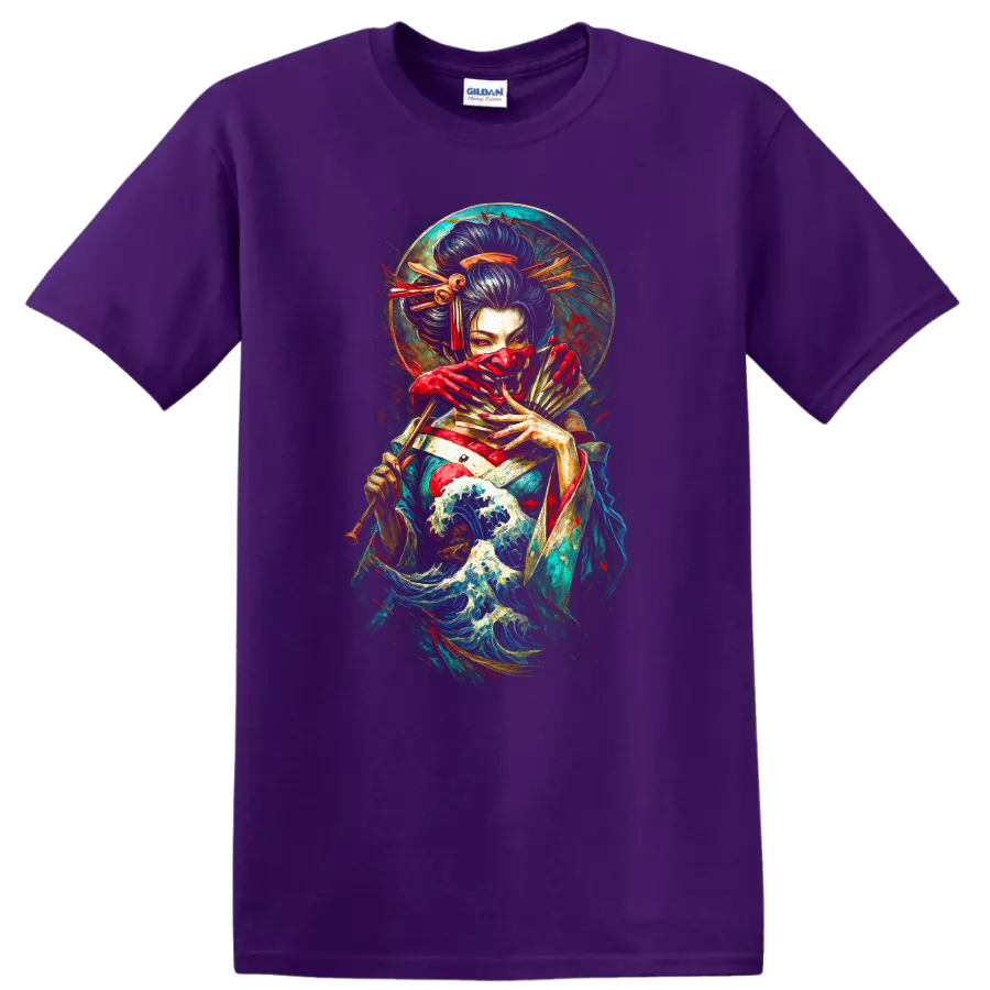 Japanese Geisha Waves T Shirt Vintage Samurai Art Design - Purple