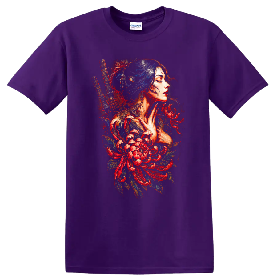 Japanese Geisha Samurai Floral Portrait T Shirt for Women - Purple