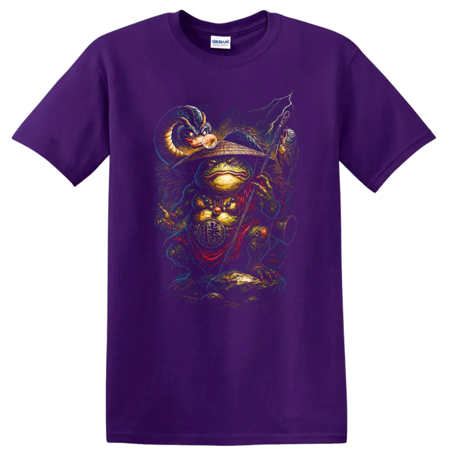 Japanese Style Frog Warrior T Shirt Samurai Staff Lightning Graphic - Purple