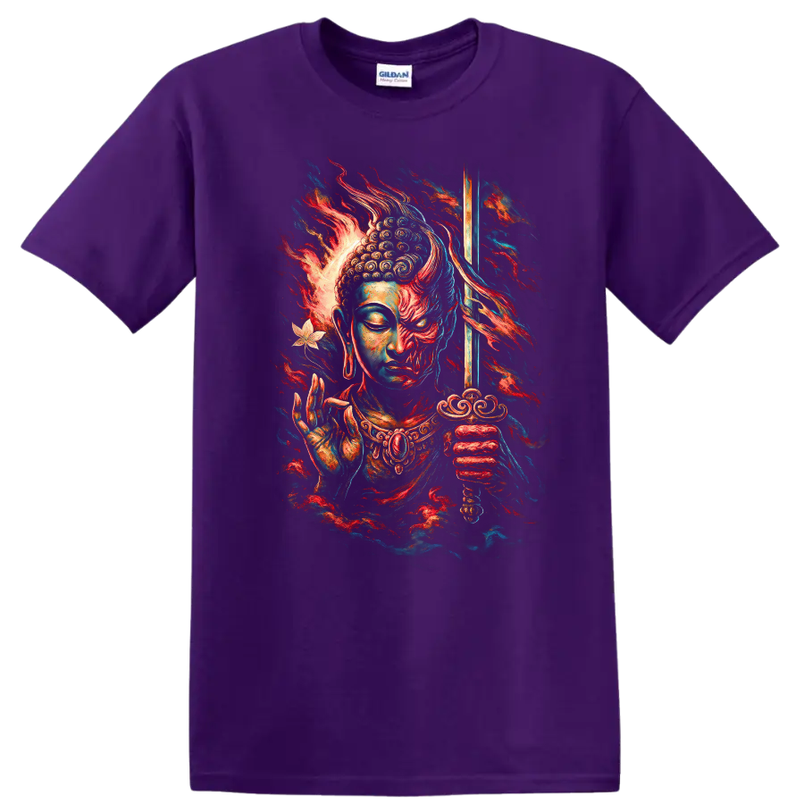 Japanese Style Buddha Samurai T Shirt Vibrant Zen Warrior Graphic - Purple