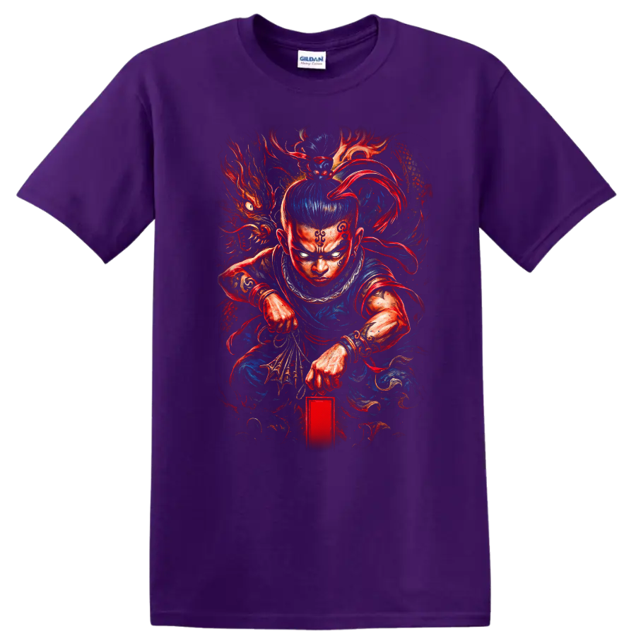 Japanese Warrior Dragon T Shirt Fierce Samurai Anime Style Art - Purple