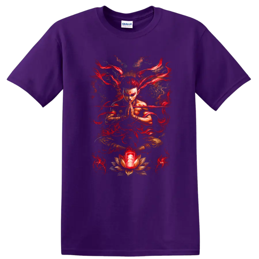 Japanese Meditation Warrior Red Flames T Shirt Zen Martial Art Design - Purple