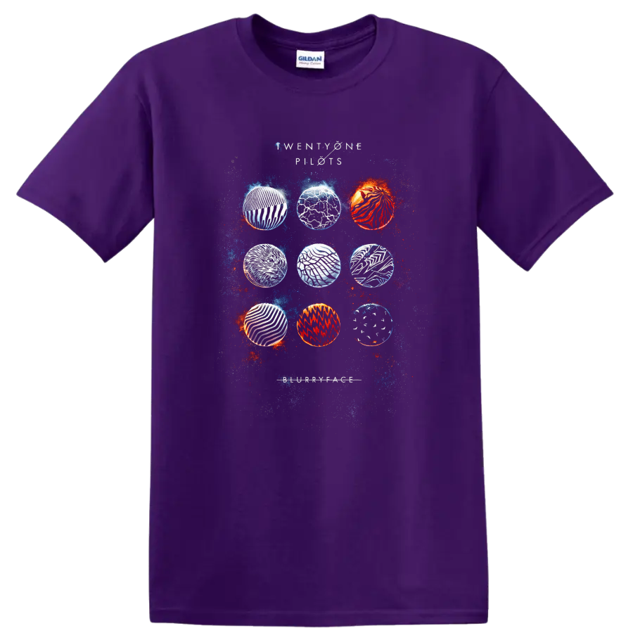 Vintage Classic Rock Album Cover Art T Shirt design inspired by Twenty One Pilots on a Purple T Shirt