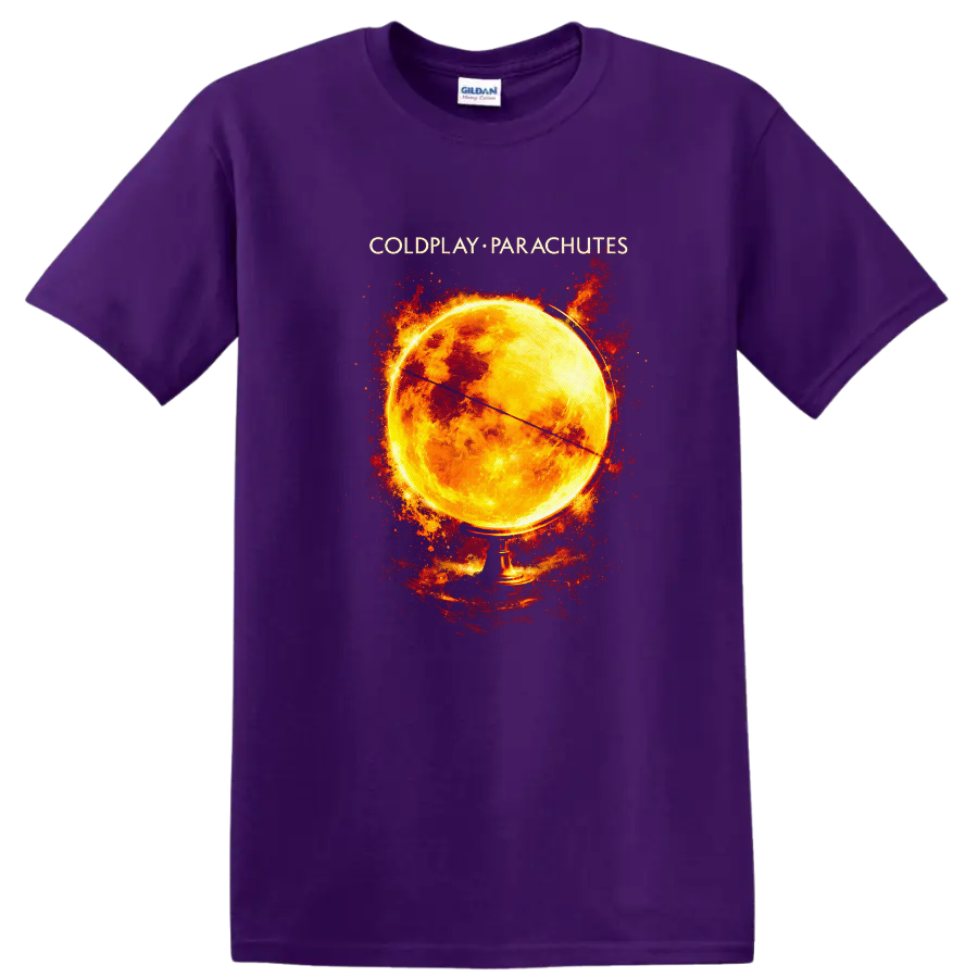Coldplay Parachutes Vintage Classic Rock Album Cover T Shirt on a Purple T Shirt