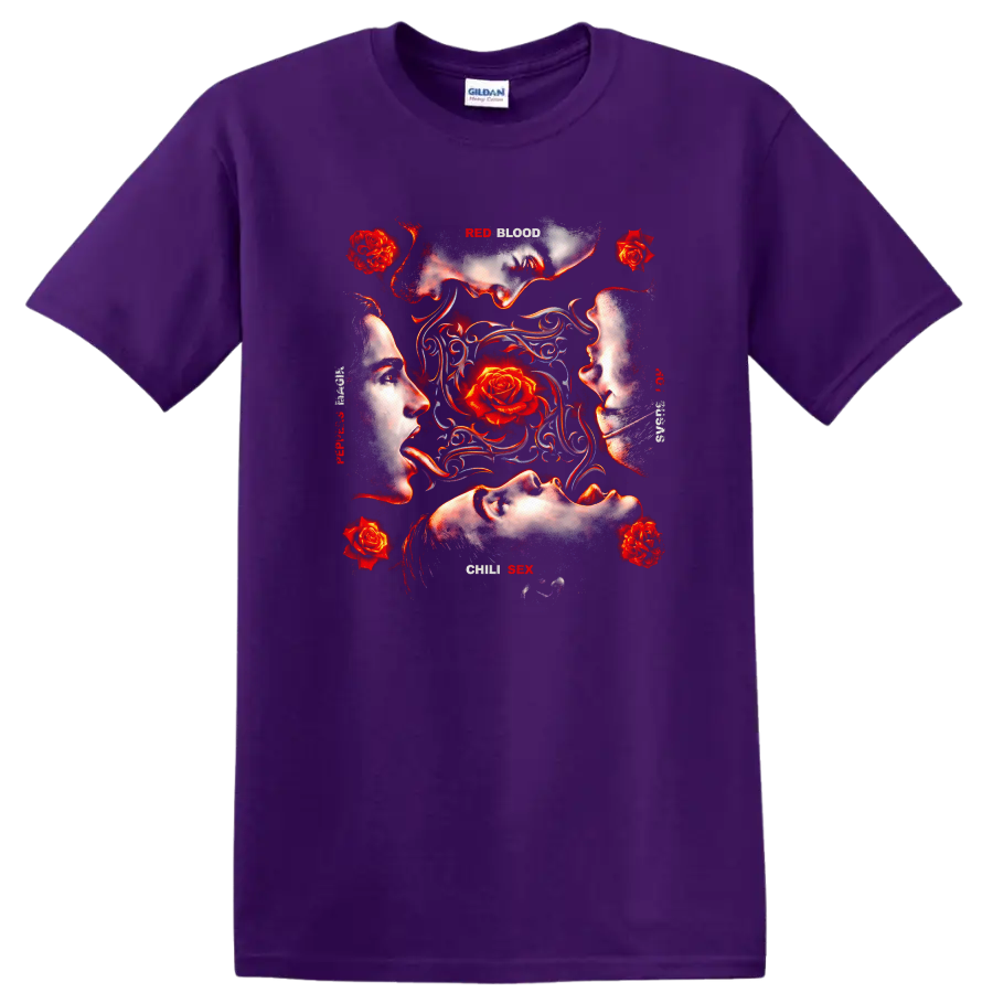 Vintage rock art T shirt design featuring faces and roses on a Purple T Shirt