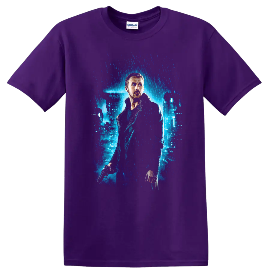 Blade Runner 2049 Vintage Cult Movie T Shirt on a Purple T Shirt