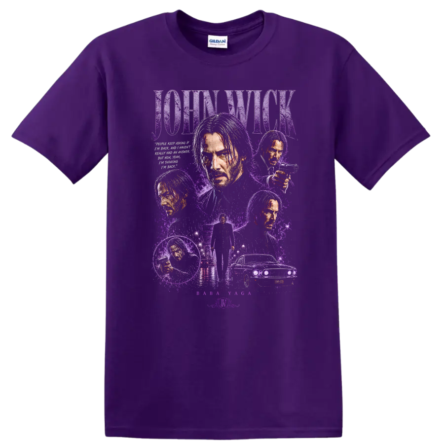 John Wick Vintage Cult Movie Character Portrait T Shirt on a Purple T Shirt