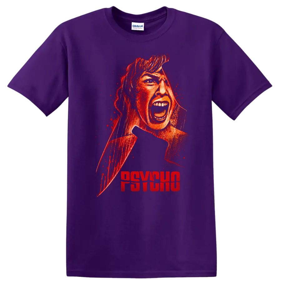 Psycho Vintage Cult Movie Character Portrait T Shirt on a Purple T Shirt