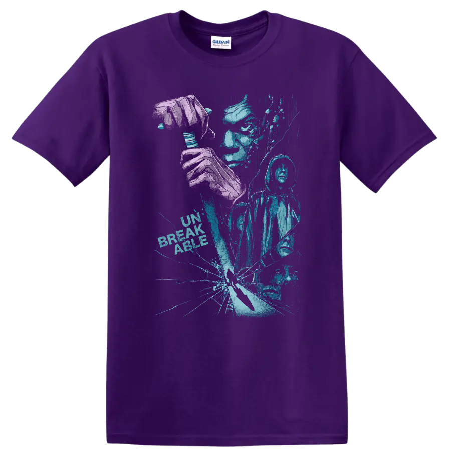 Vintage Cult Movie Unbreakable T Shirt Featuring Bruce Willis & Samuel L. Jackson on a Purple T Shirt