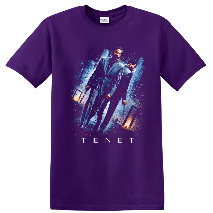 Vintage Cult Movie Tenet T Shirt on a Purple T Shirt