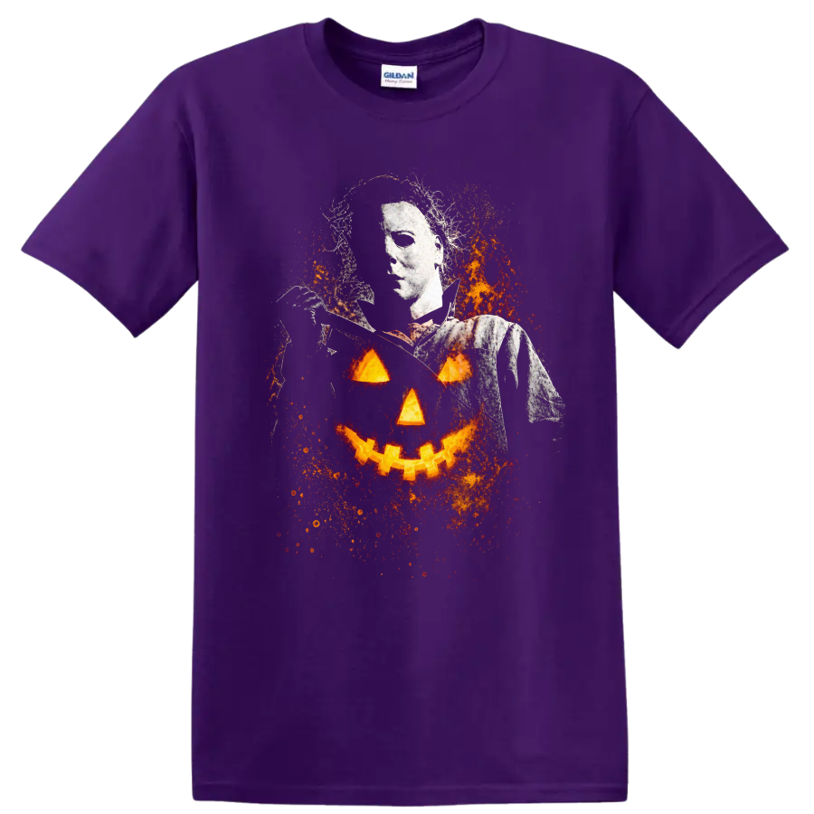 Vintage Cult Movie Halloween Jamie Lee Curtis T Shirt on a Purple T Shirt