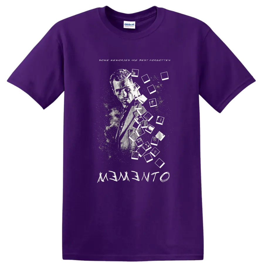 Vintage Cult Movie Memento T Shirt on a Purple T Shirt